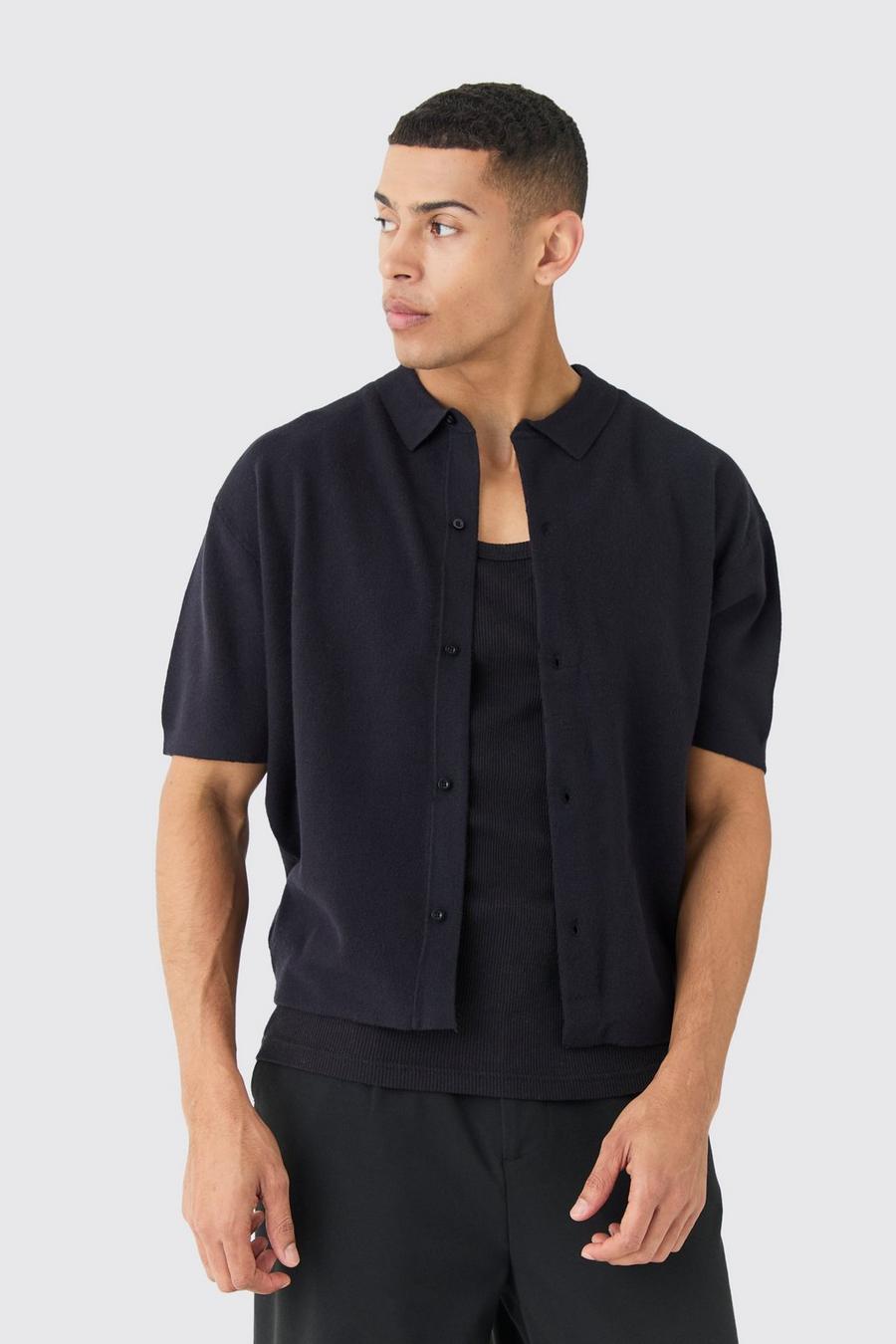 Oversized Boxy Fit Short Sleeve Knitted Shirt, Black