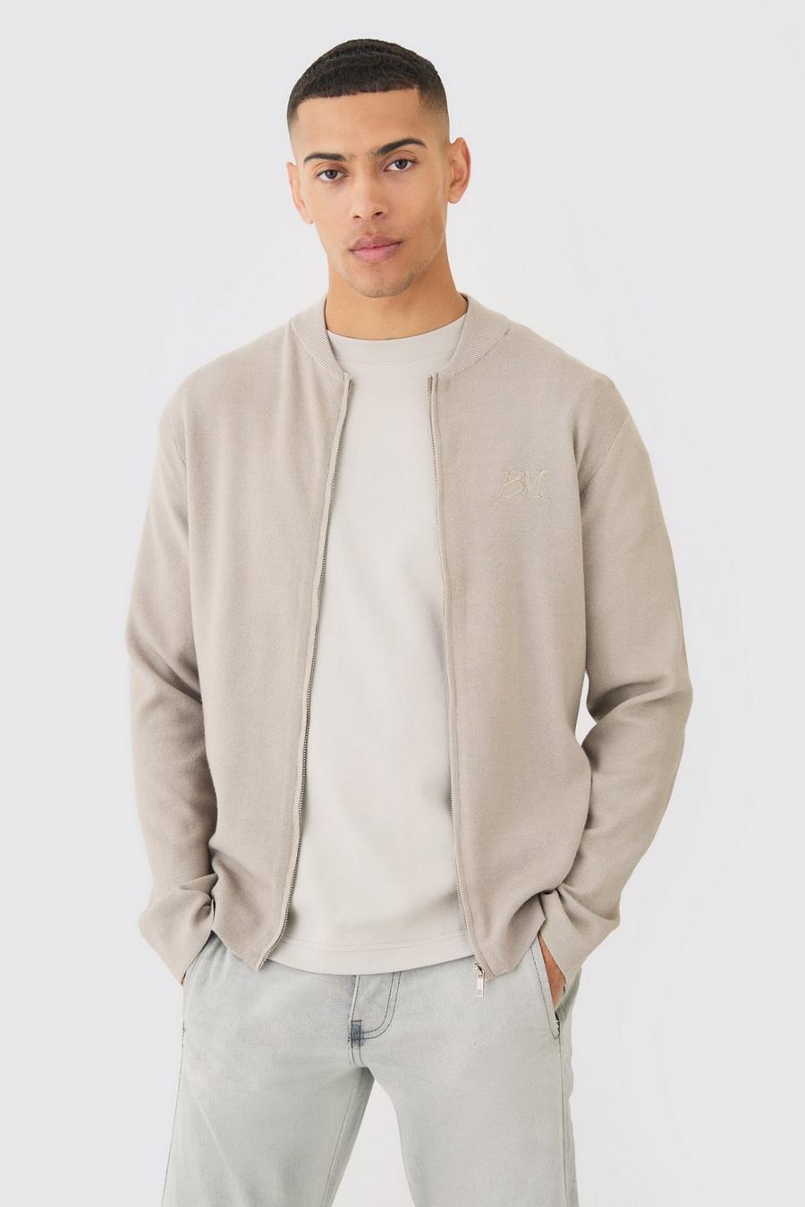 Giacca Bomber Regular Fit in maglia con logo Man, Light grey
