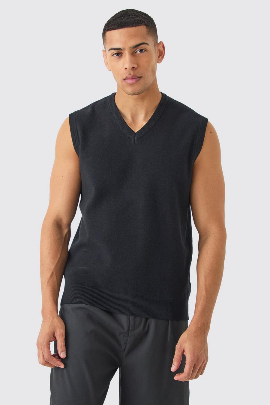 Black Regular Fit V Neck Knitted Vest image number 1