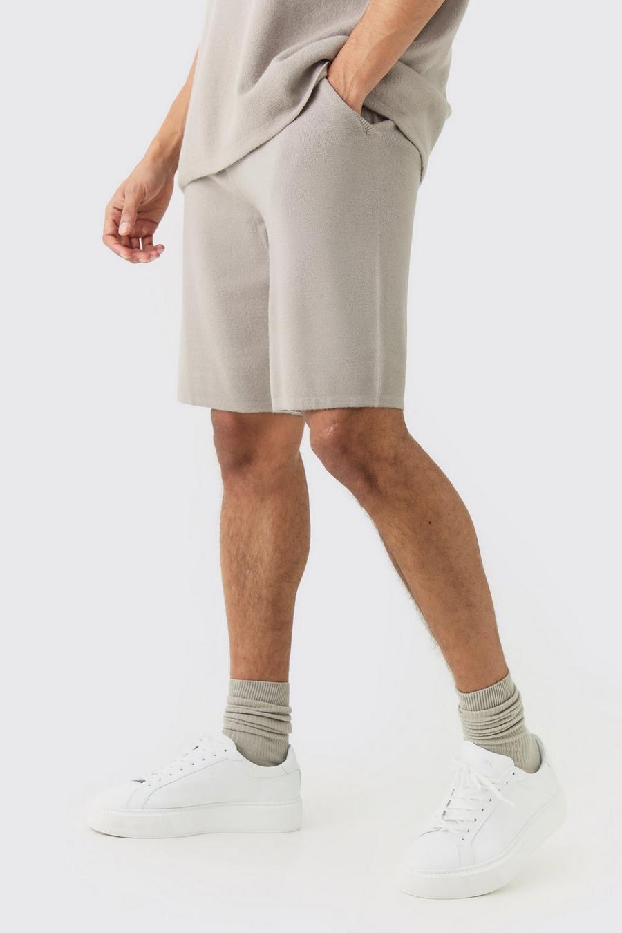 Light grey Mellanlånga stickade shorts med ledig passform