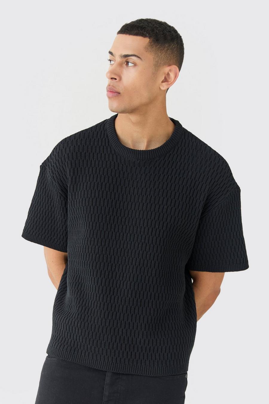 Oversized Textured Open Knit T-shirt, Black