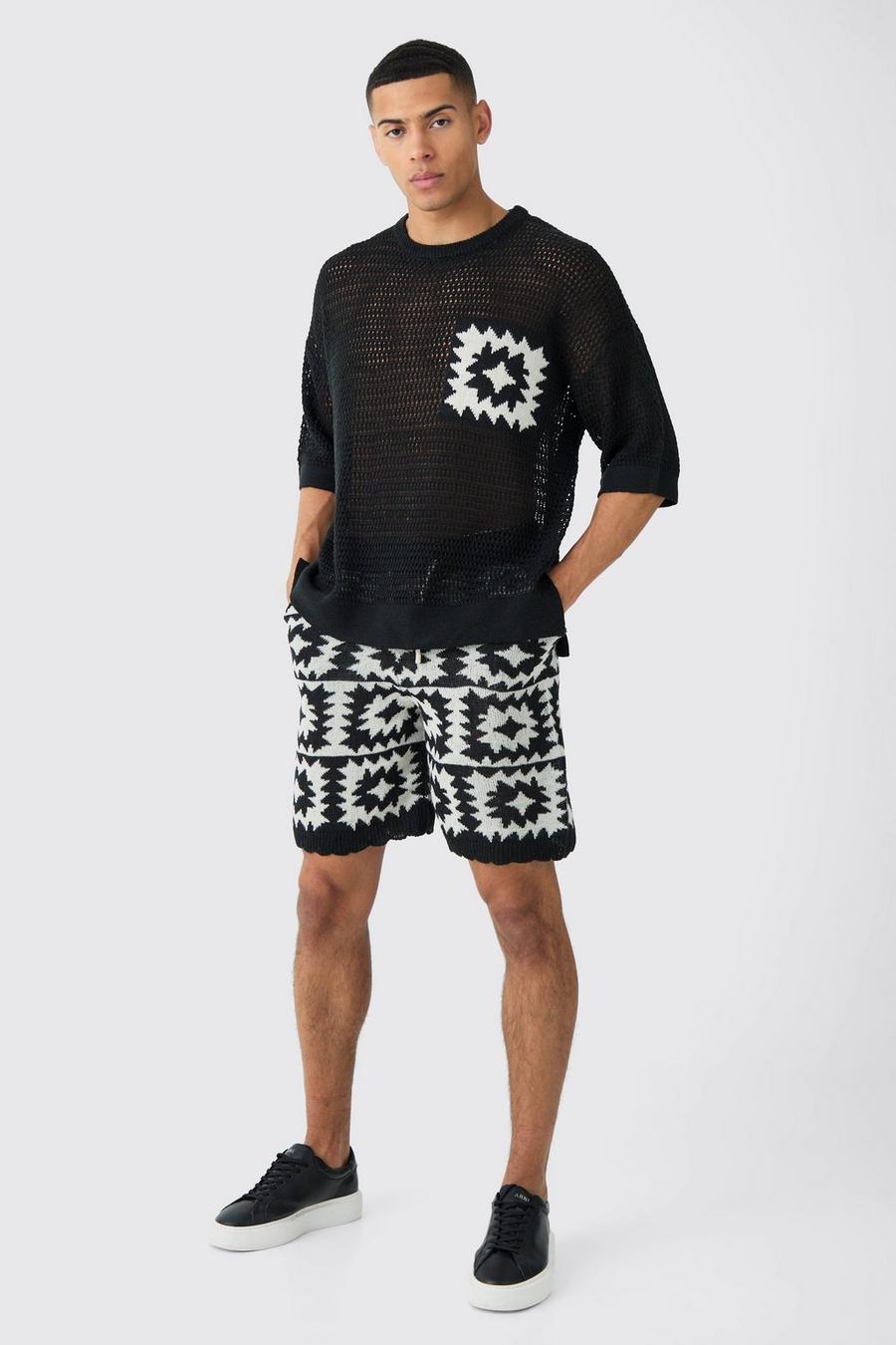 Black Oversized Open Stitch Crochet Short Knitted Set