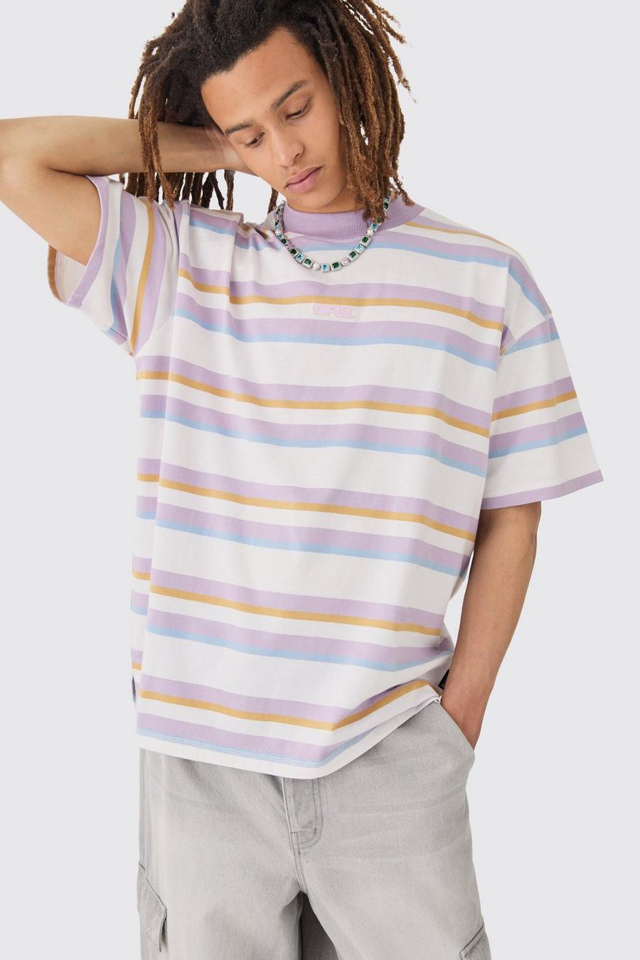 Lilac Oversized Carded Heavy Striped OFCL T-shirt image number 1
