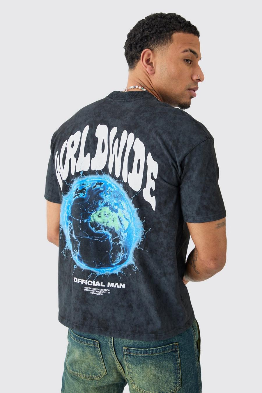 Black Oversized Extended Neck Worldwide Wash T-Shirt