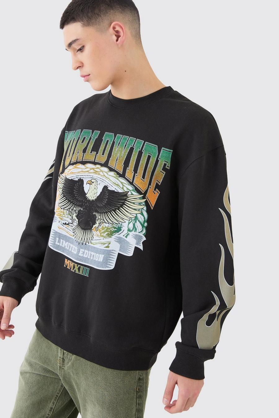 Felpa oversize con grafica di aquila, Black