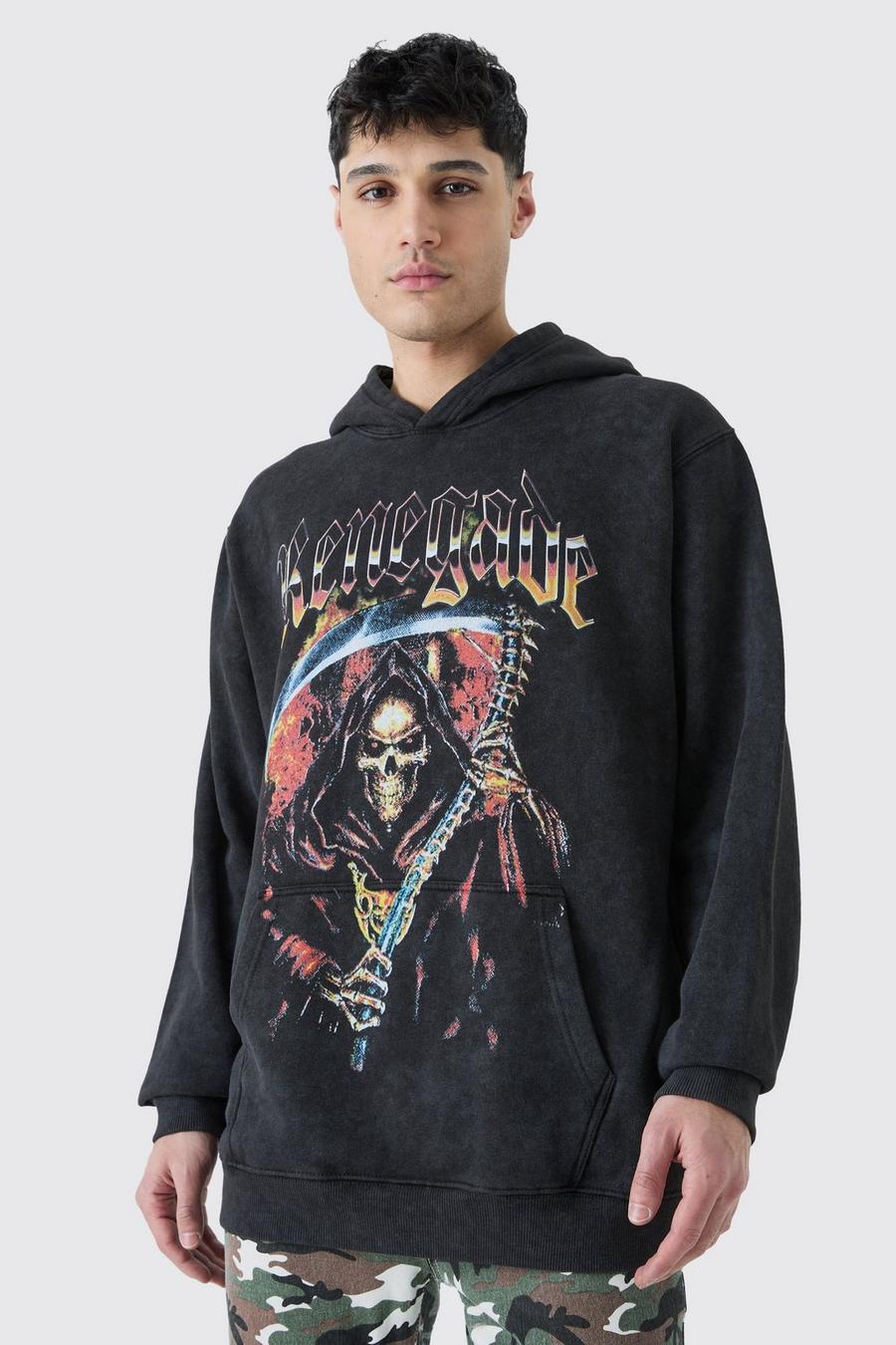 Black Oversize hoodie med stentvättad effekt och dödskalle image number 1