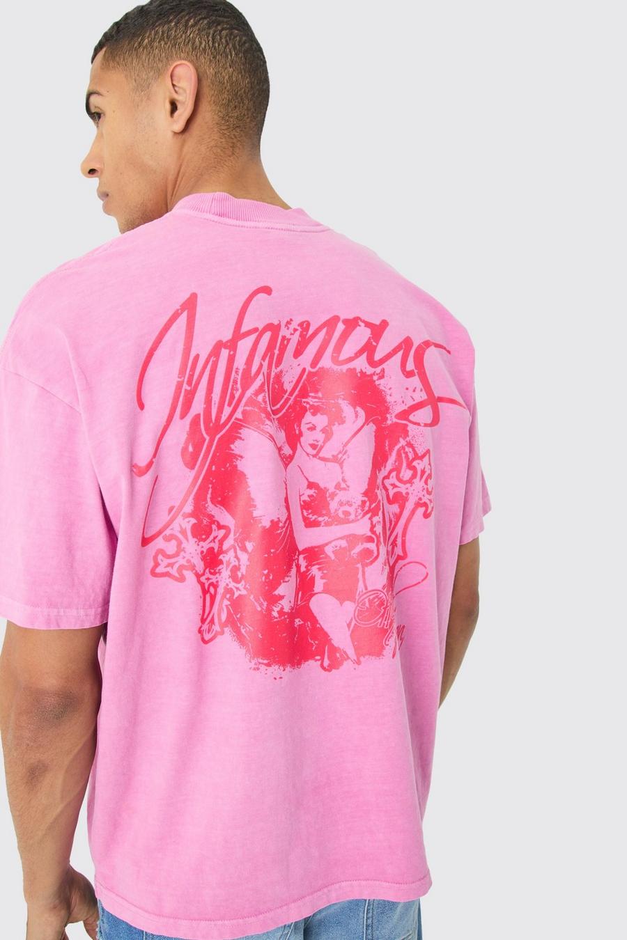 Pink Oversized Dik Overdye T-Shirt Met Print