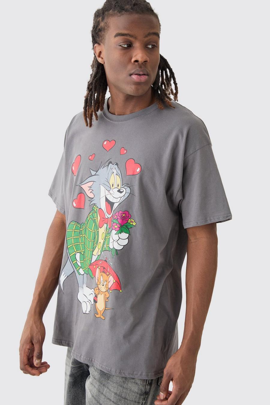 T-shirt oversize à imprimé Tom et Jerry Saint-Valentin, Charcoal