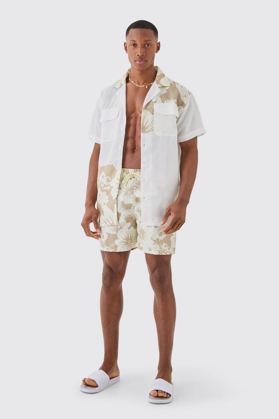 Oversize Hemd und Badehose mit Print, Taupe