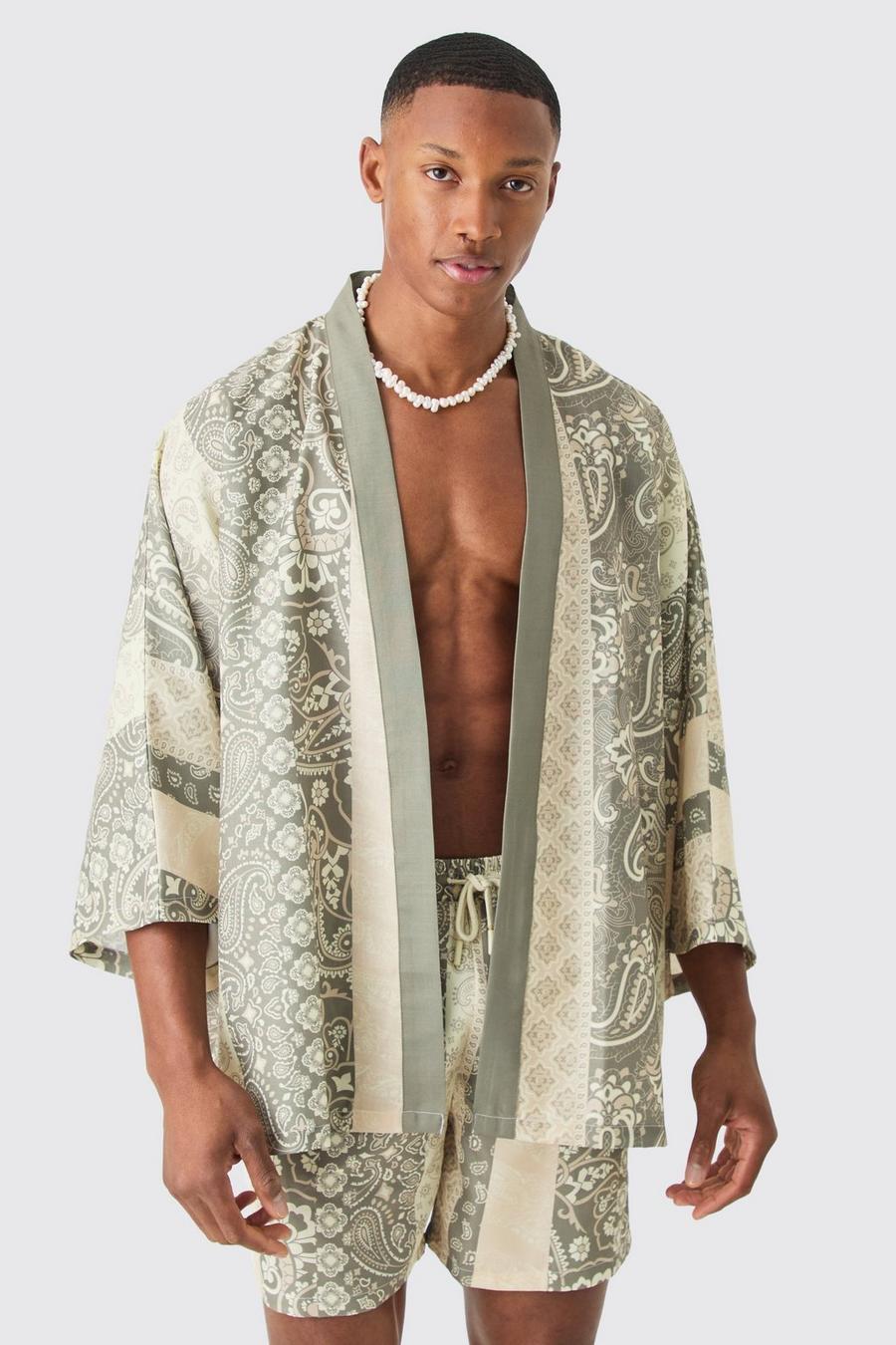 Grey Oversized Kimono Overhemd Met Print En Zwembroek Set