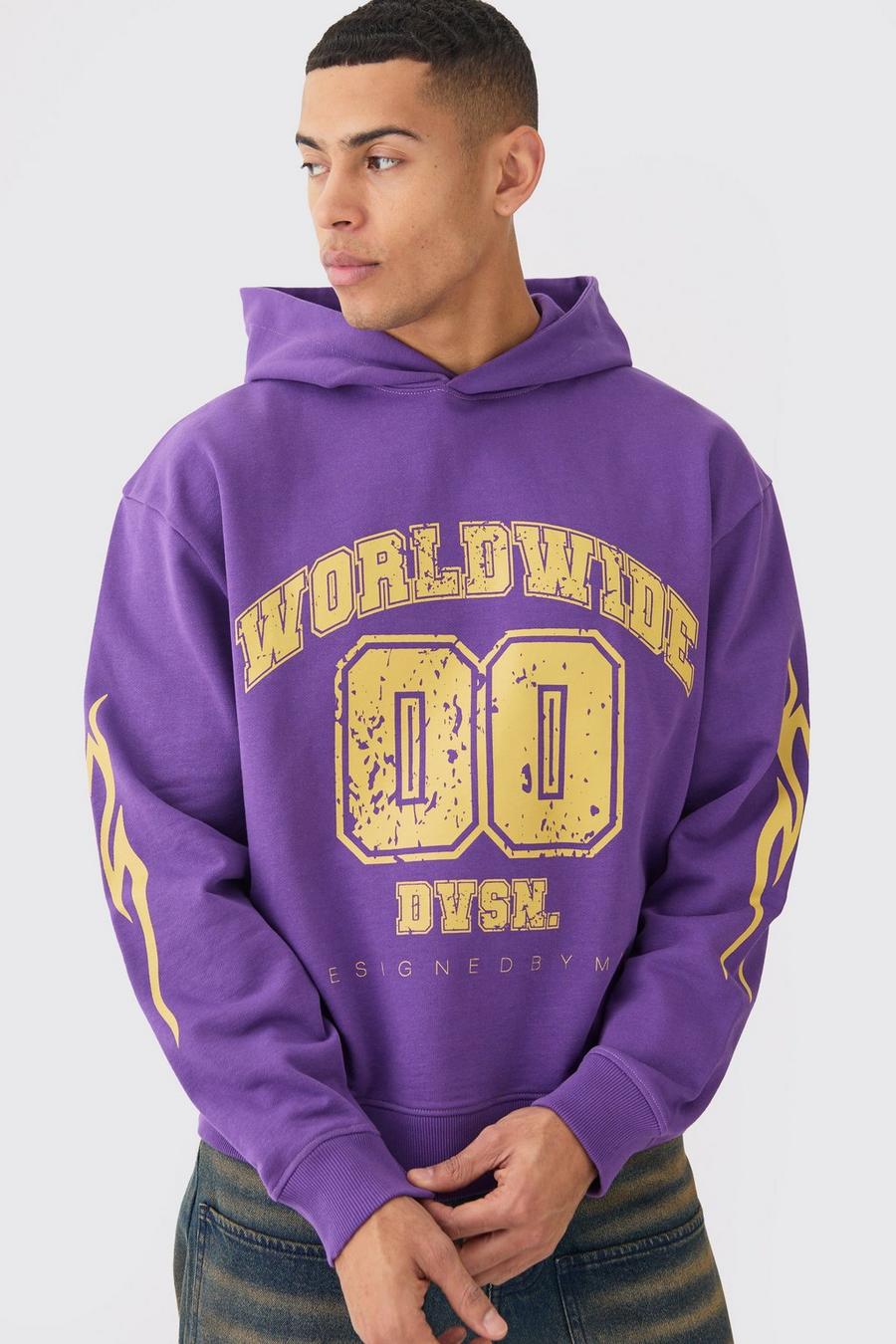 Sudadera oversize recta con capucha universitaria Worldwide, Purple