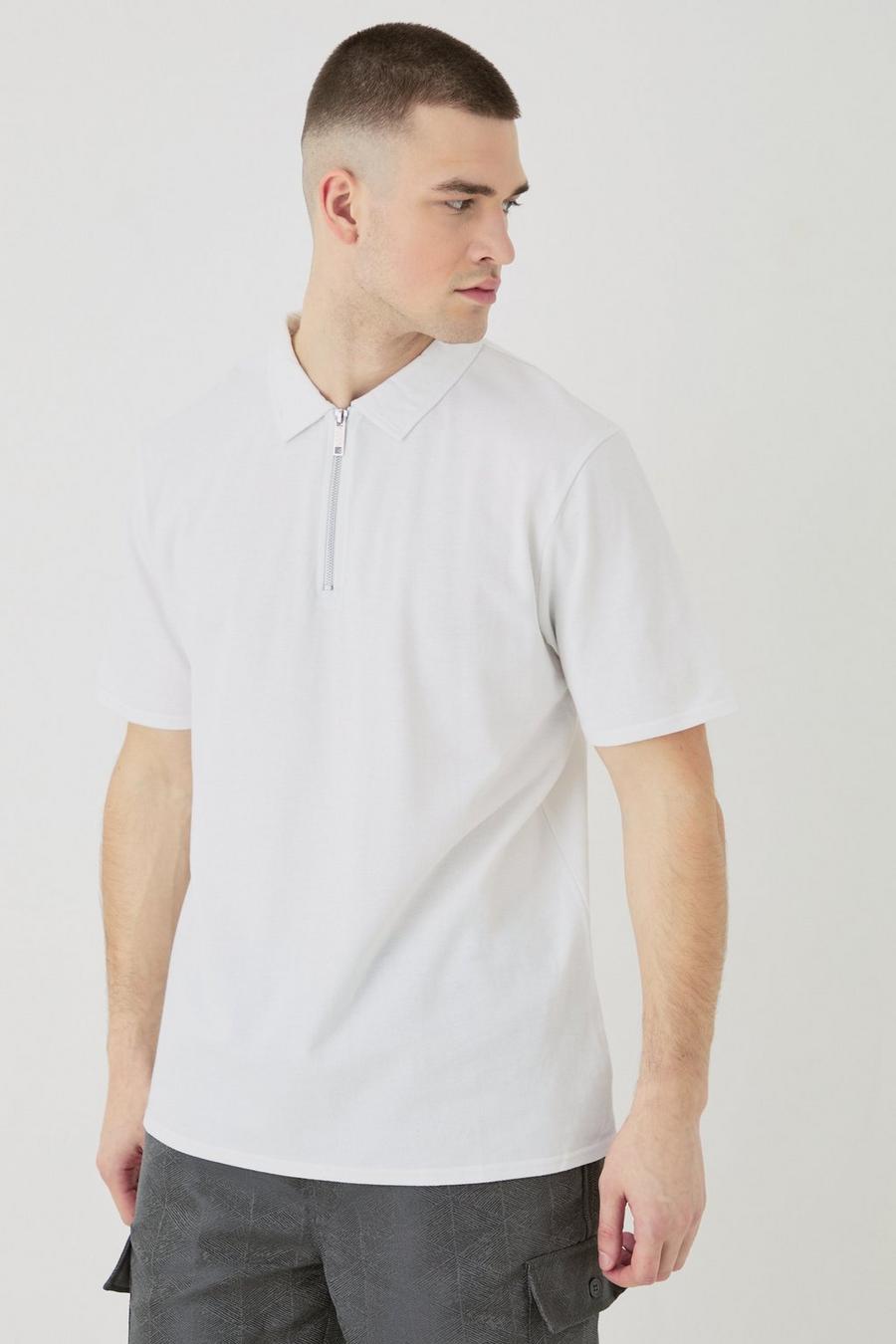 Polo Tall in piqué con zip corta, White