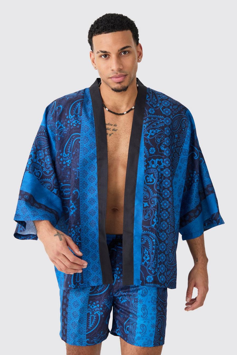 Ensemble oversize imprimé avec chemise kimono et short de bain, Blue