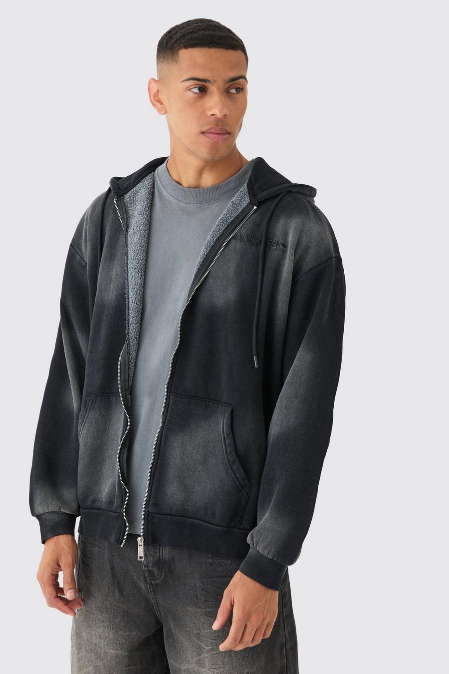 Black MAN Oversize hoodie med blekt effekt och dragkedja image number 1