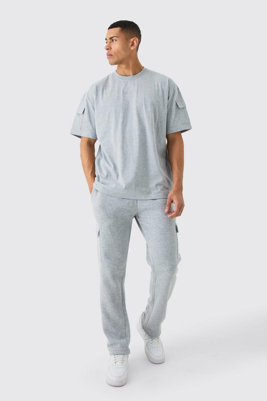 Grey marl Man Oversized Cargo T-Shirt Met Tekst En Joggingbroek Set image number 1