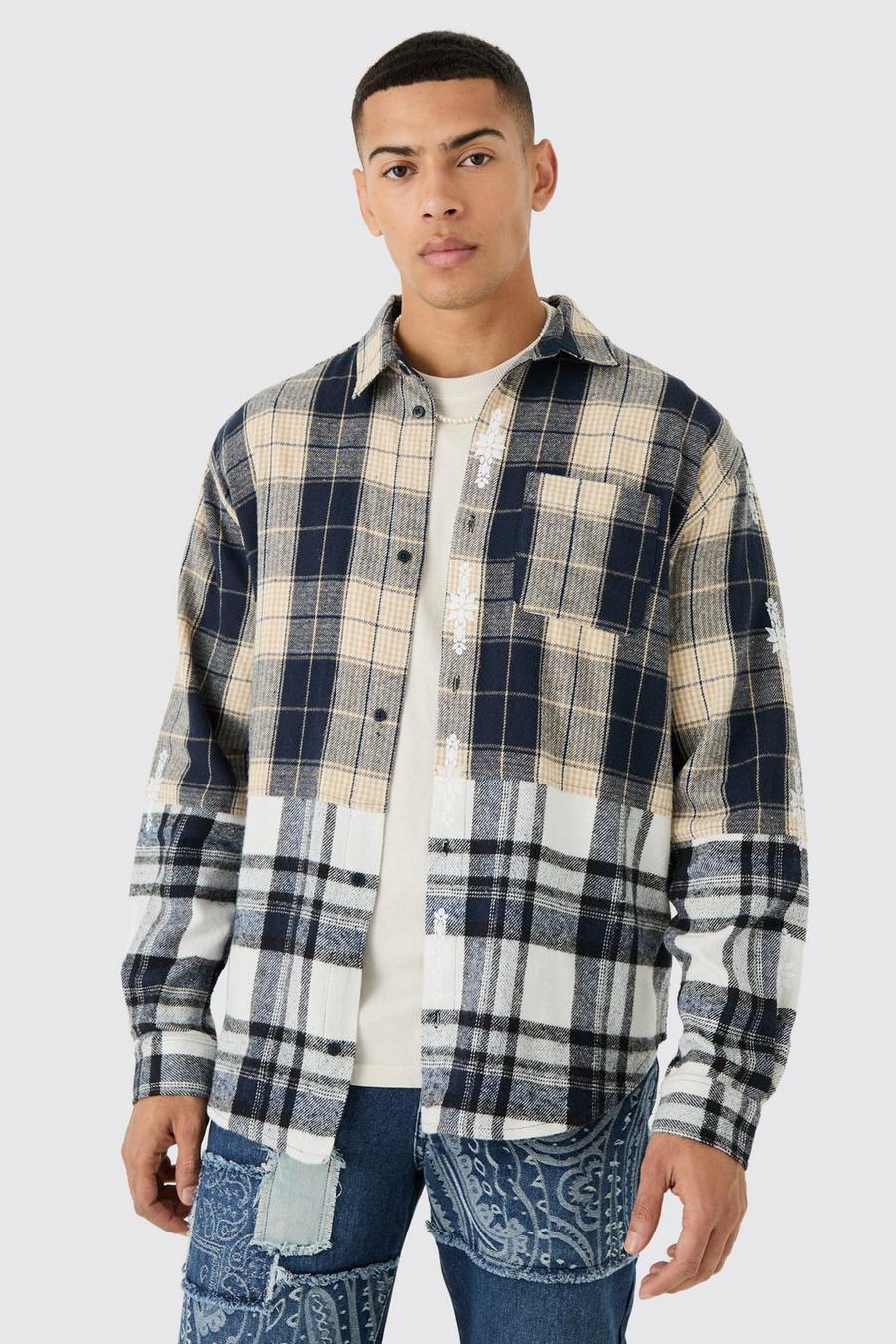 Blue Oversized Check Splice Printed Placket Shirt image number 1