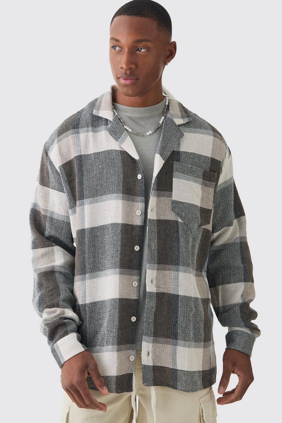 Grey Oversize långärmad rutig skjorta med struktur image number 1