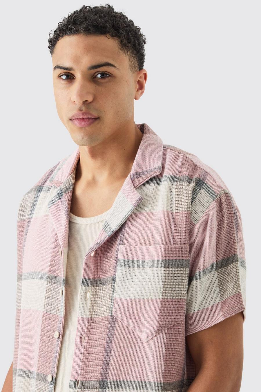 Pink Oversized Textured Check Shirt  image number 1