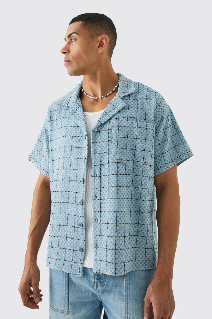 Blue Boxy Textured Grid Check Shirt 