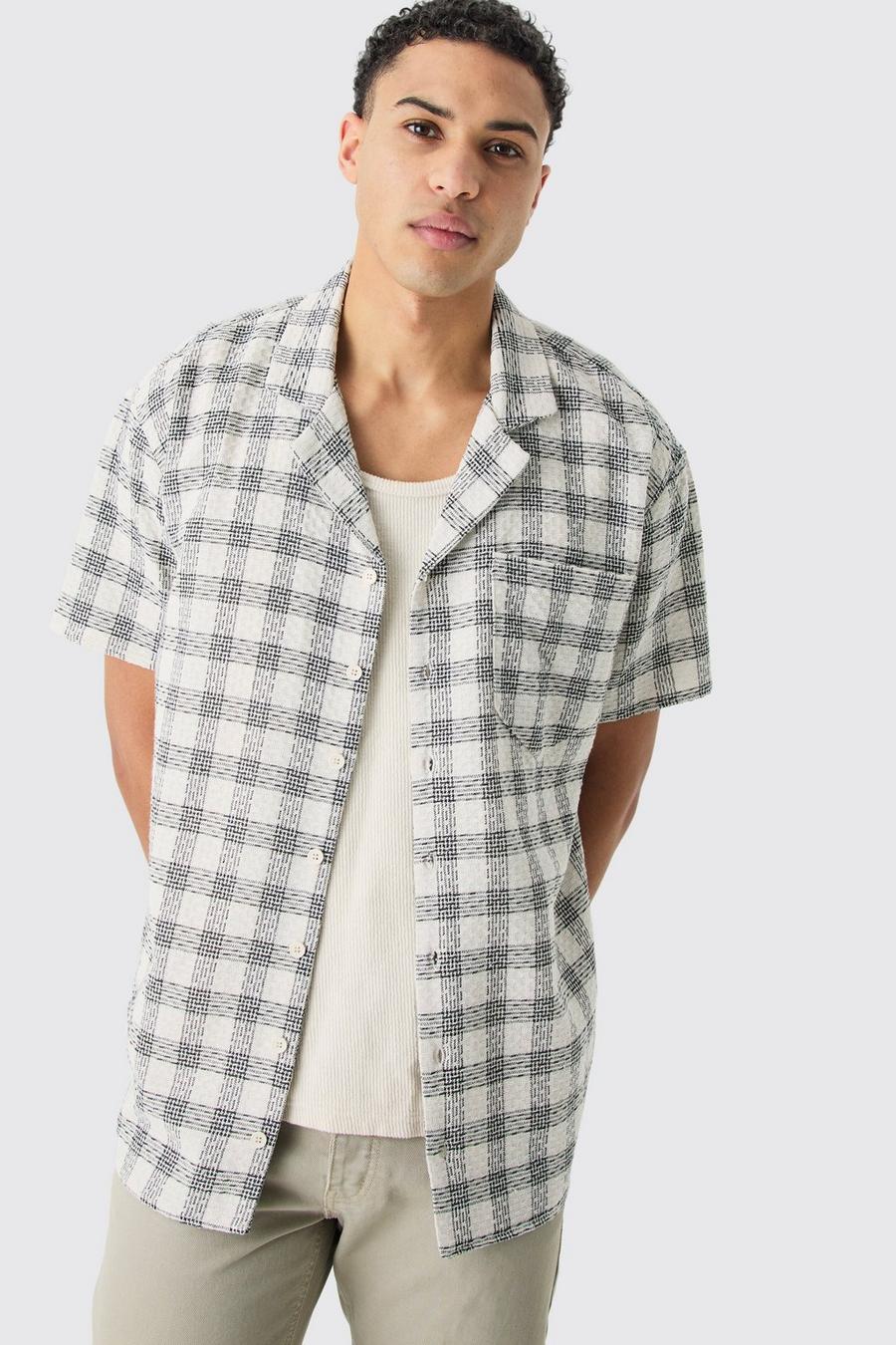 White Oversized Textured Contrast Check Shirt 