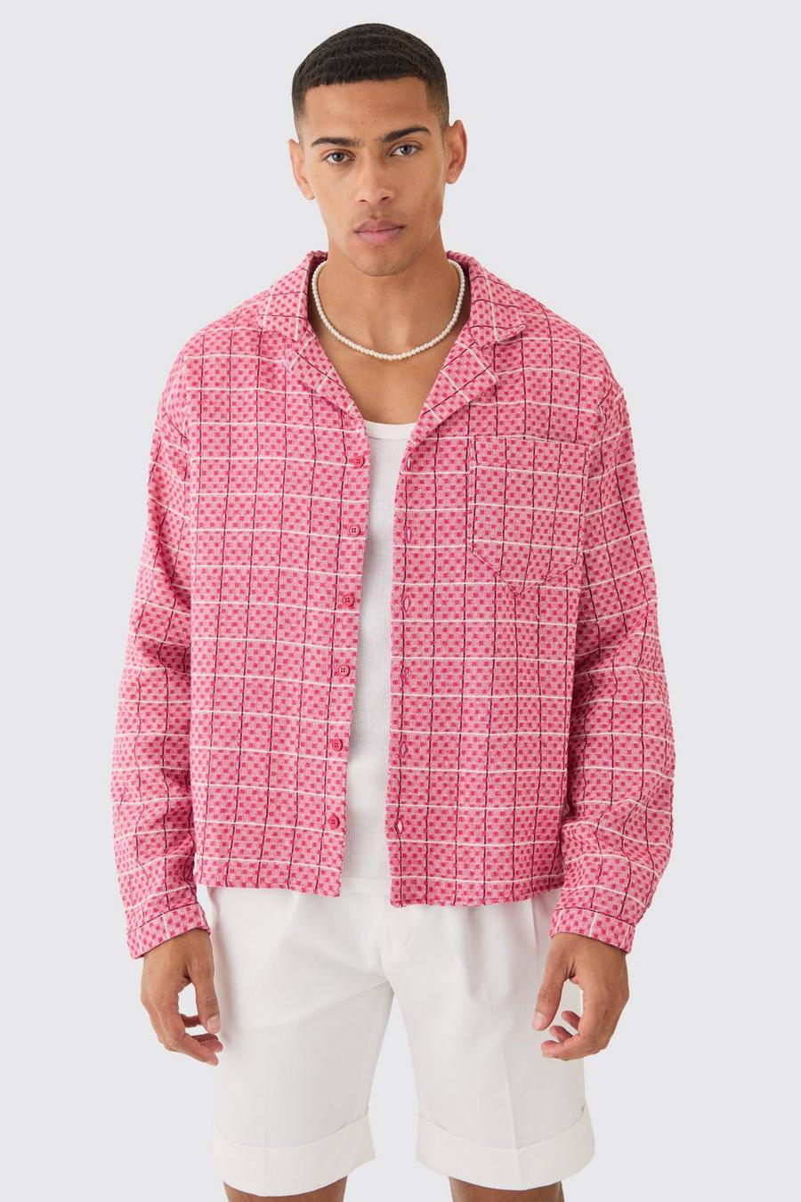 Pink Long Sleeve Boxy Textured Grid Check Shirt 