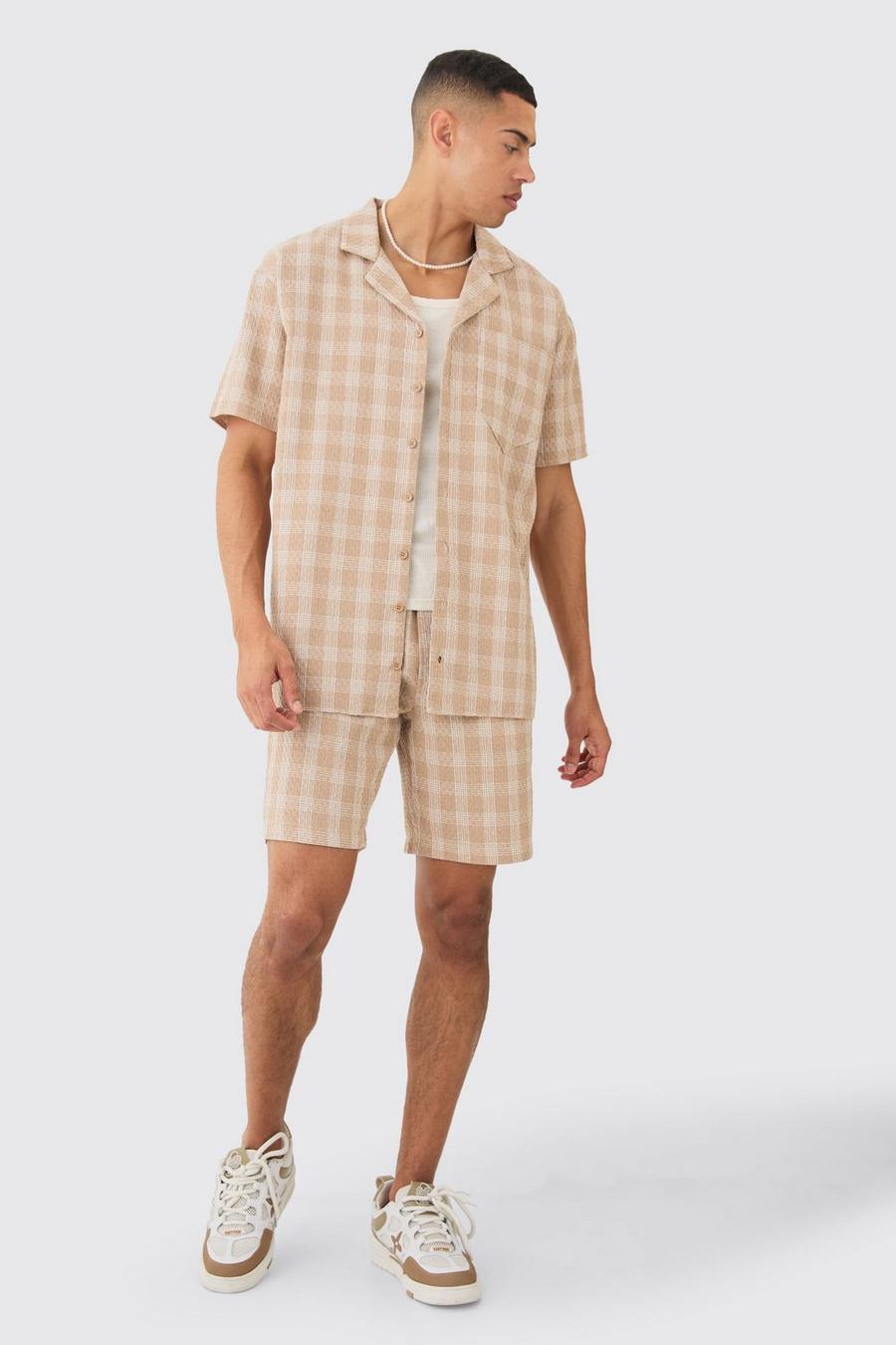 Strukturiertes Oversize Kontrast-Hemd und Shorts, Stone