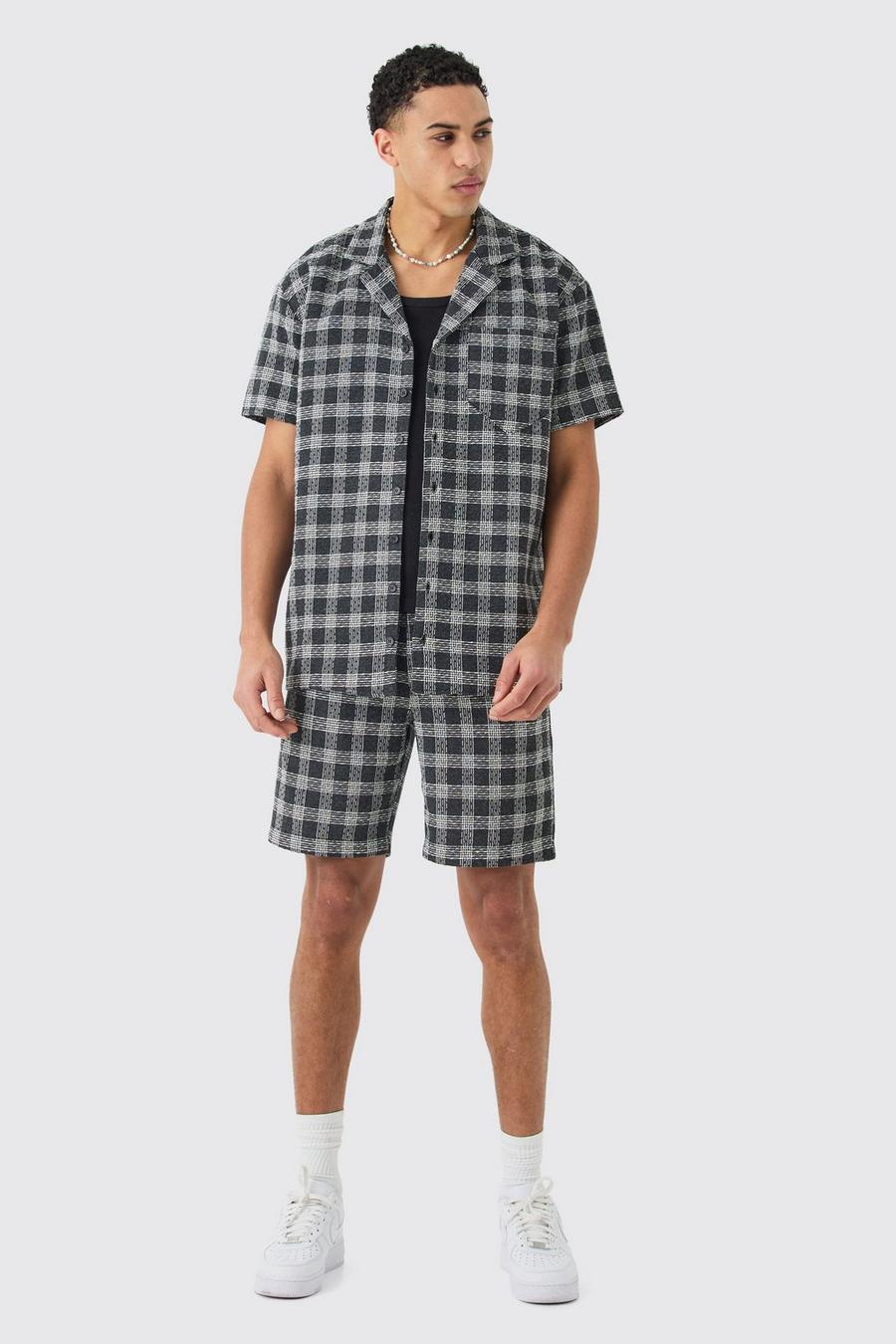 Black Oversized Textured Contrast Check Shirt And Short image number 1