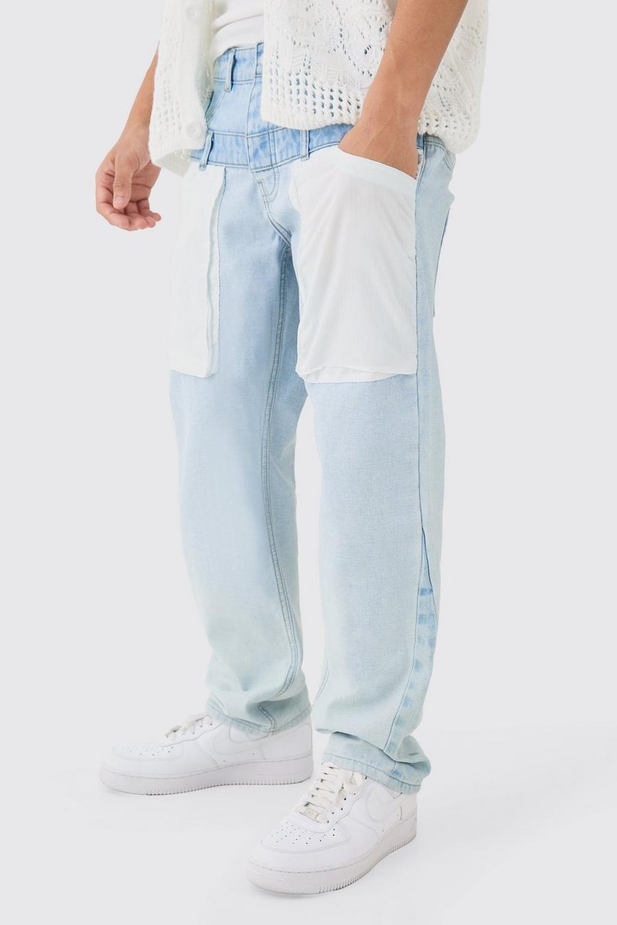 Jeans in denim rilassati in denim rigido con doppia fascia in vita Cut & Sew, Ice blue