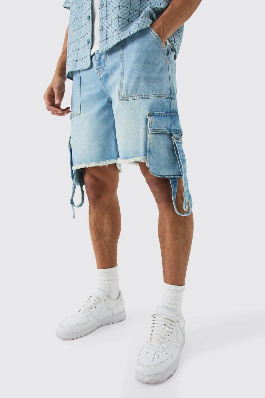 Short cargo en jean à poches cargo, Light blue