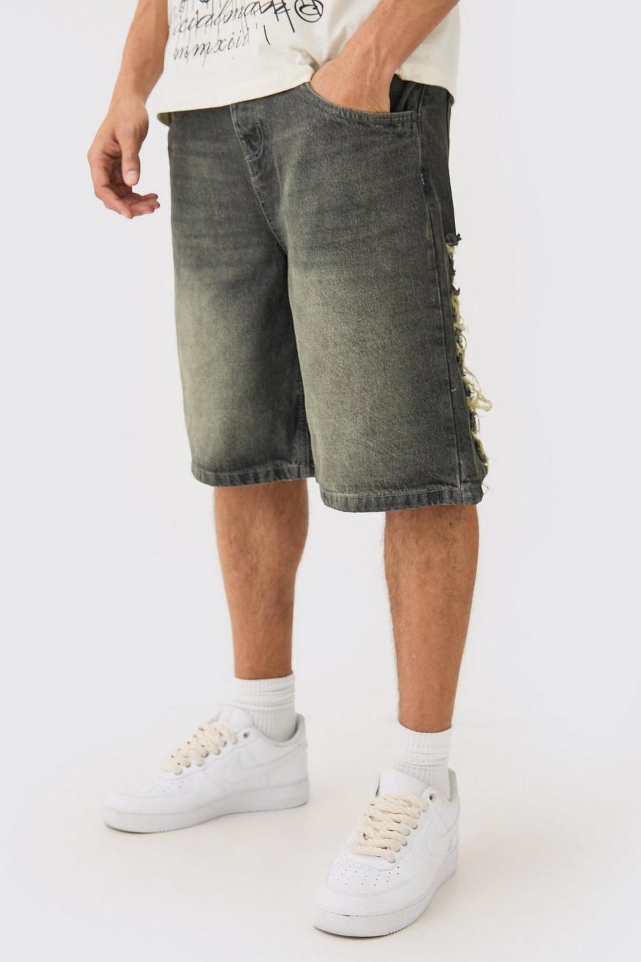 Relaxed Rigid Extreme Ripped Denim Jorts In Antique Grey