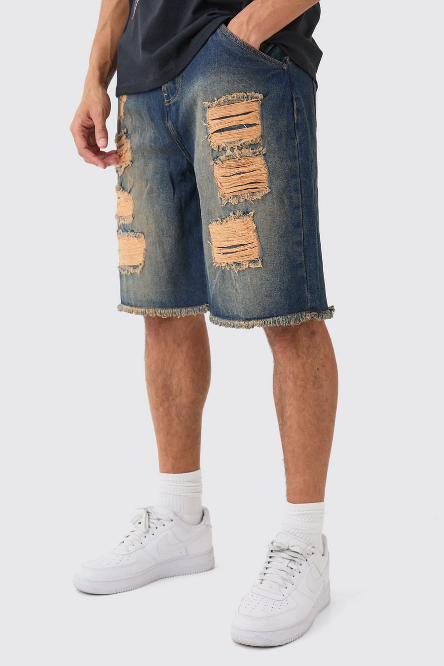 Relaxed Rigid All Over Rips Denim Jorts In Vintage Blue