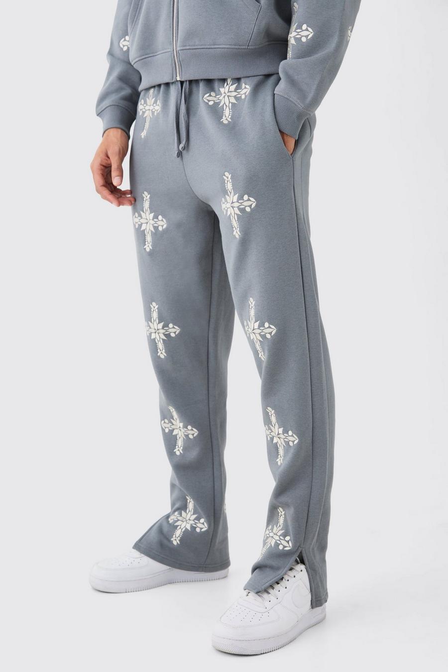 Pantaloni tuta Regular Fit con ricami incrociati e spacco sul fondo, Charcoal image number 1
