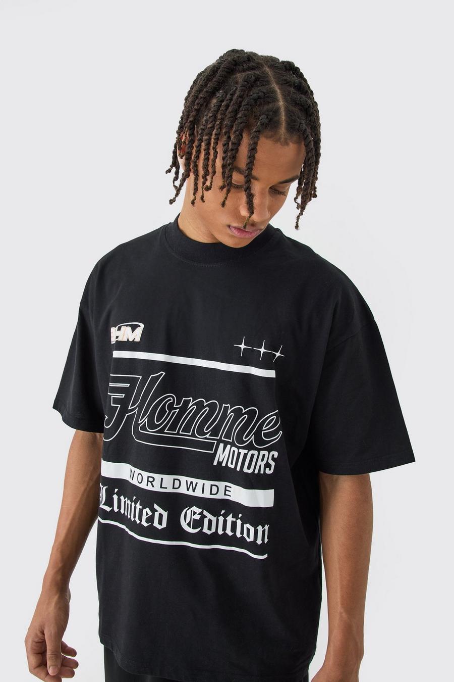 Camiseta oversize con estampado gráfico Homme Limited y texto, Black image number 1