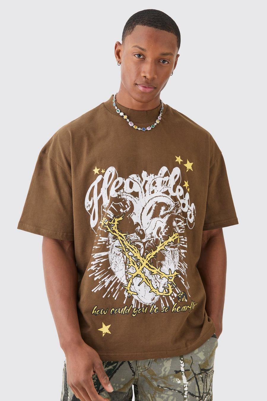 Brown Oversized Extended Neck Graphic Heavy T-shirt image number 1
