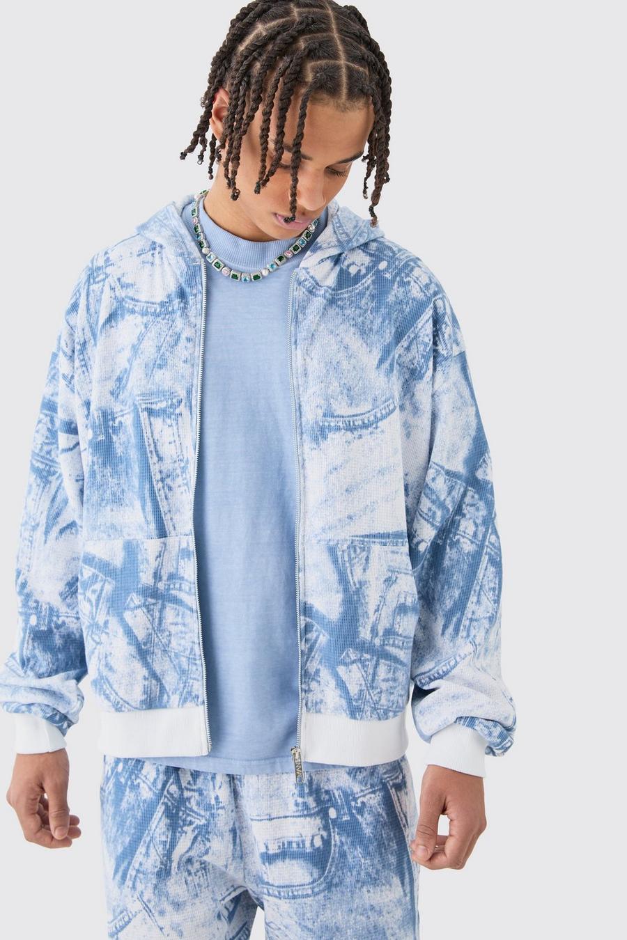 Blue Boxy Zip Through Printed Heavyweight Waffle Hoodie image number 1