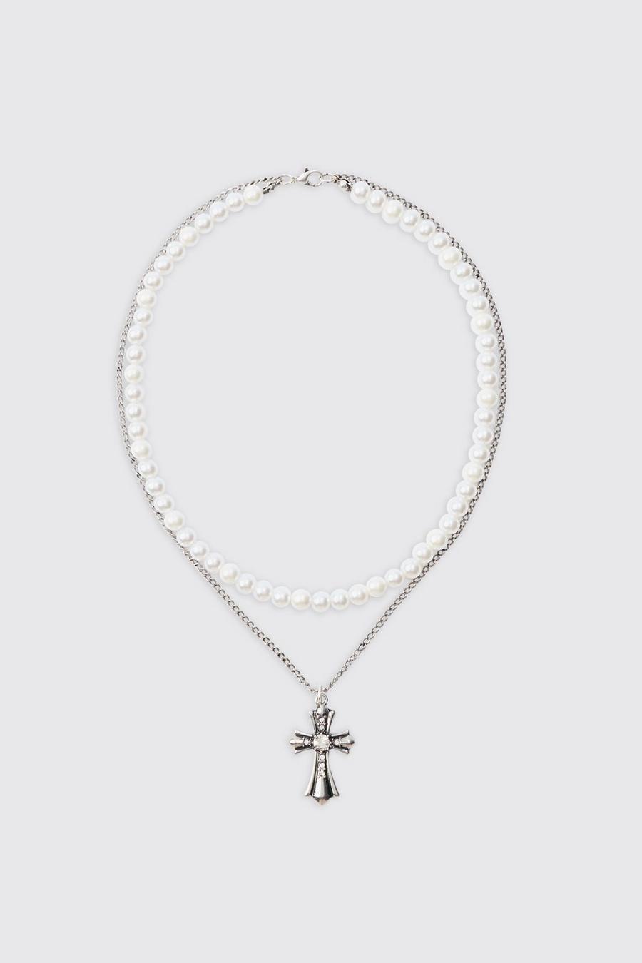 Collar plateado de cadena y perlas con colgante de cruz, Silver image number 1