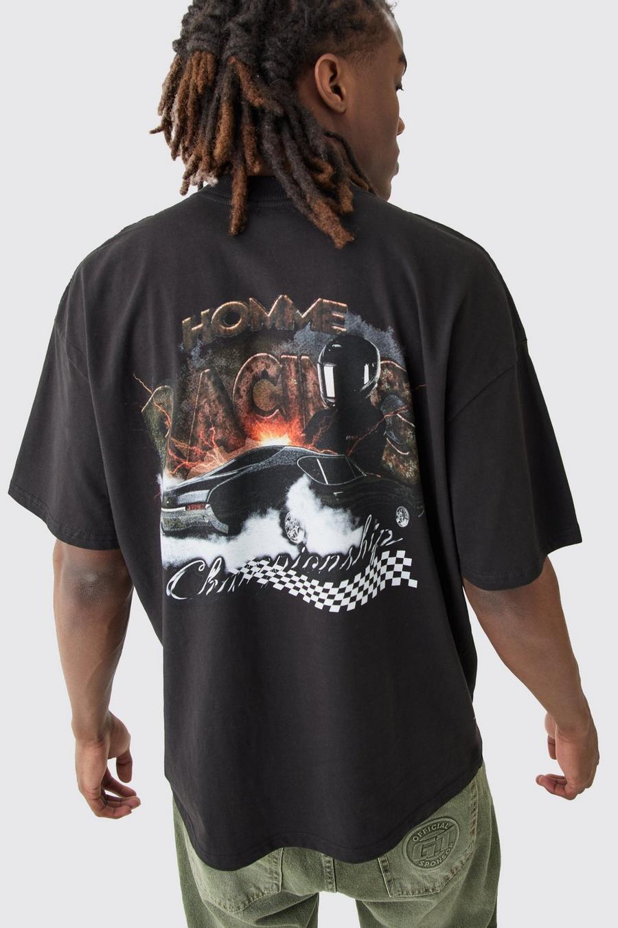 T-shirt oversize épais à imprimé moto, Black