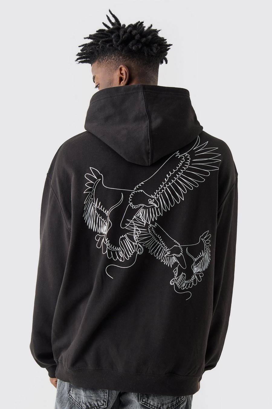 Black Oversized Eagle Stencil Graphic Hoodie image number 1