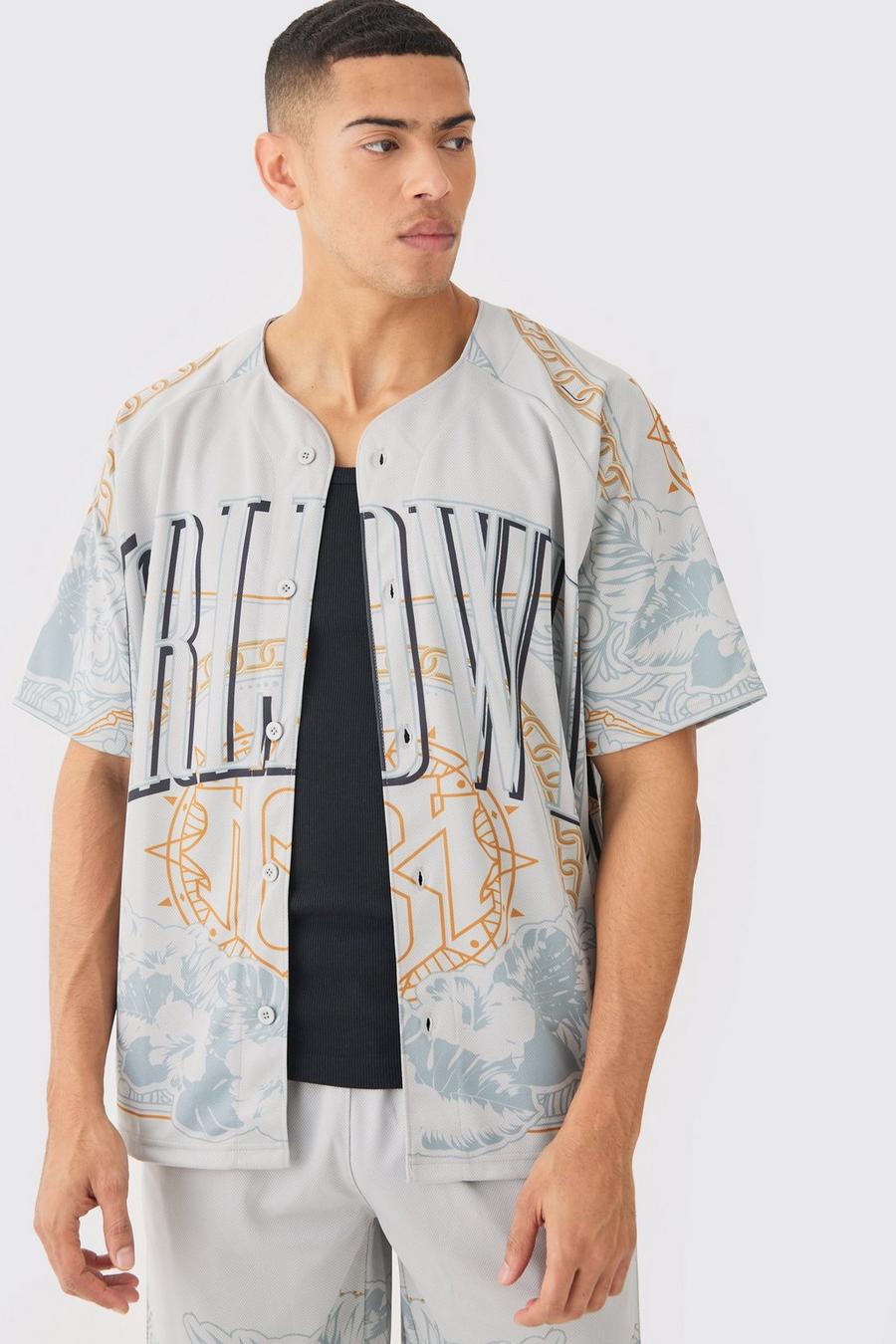 Light grey Oversize mönstrad baseballskjorta i mesh