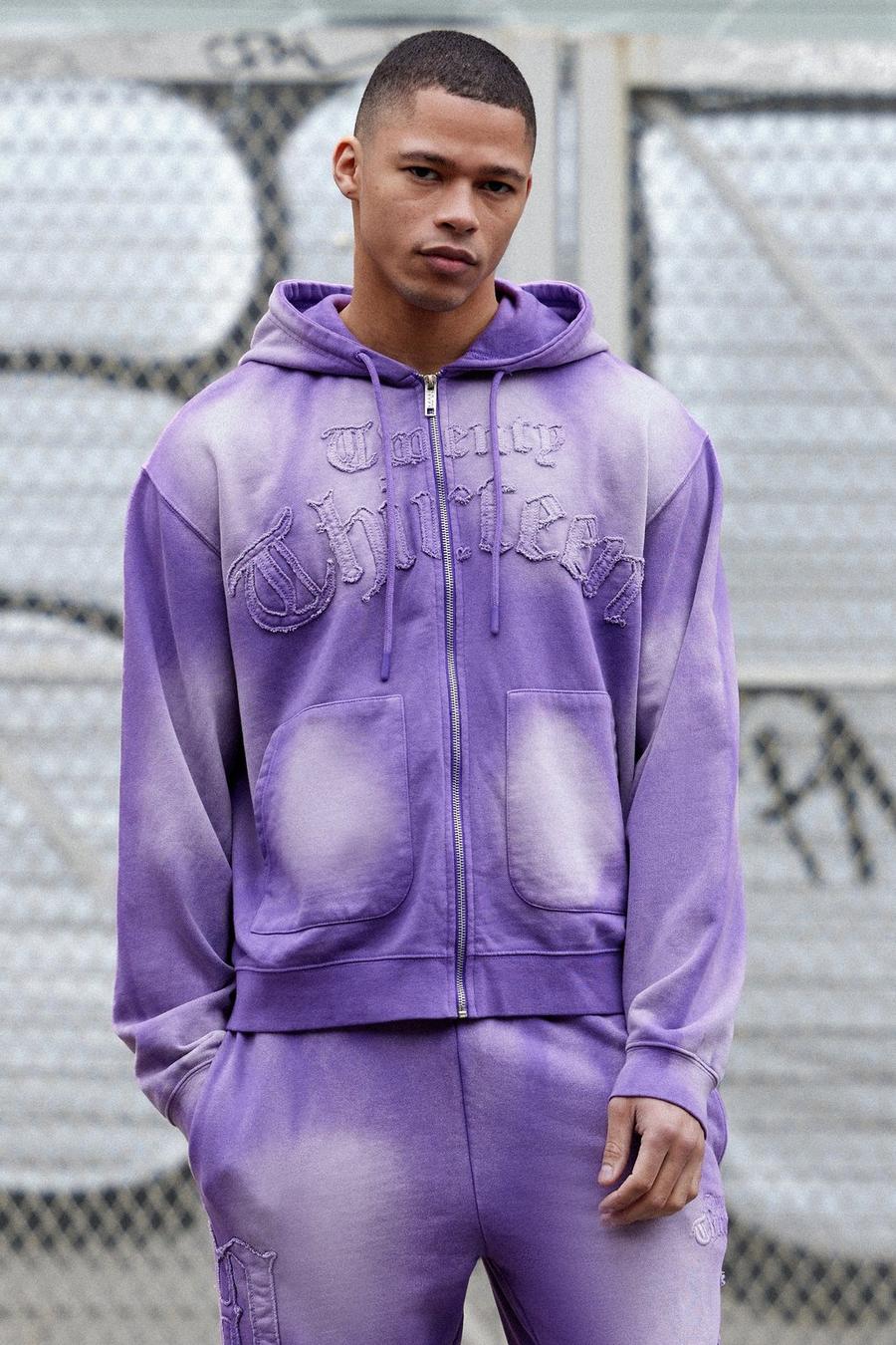 Gebleichter Oversize Hoodie mit 13 Reißverschluss, Purple