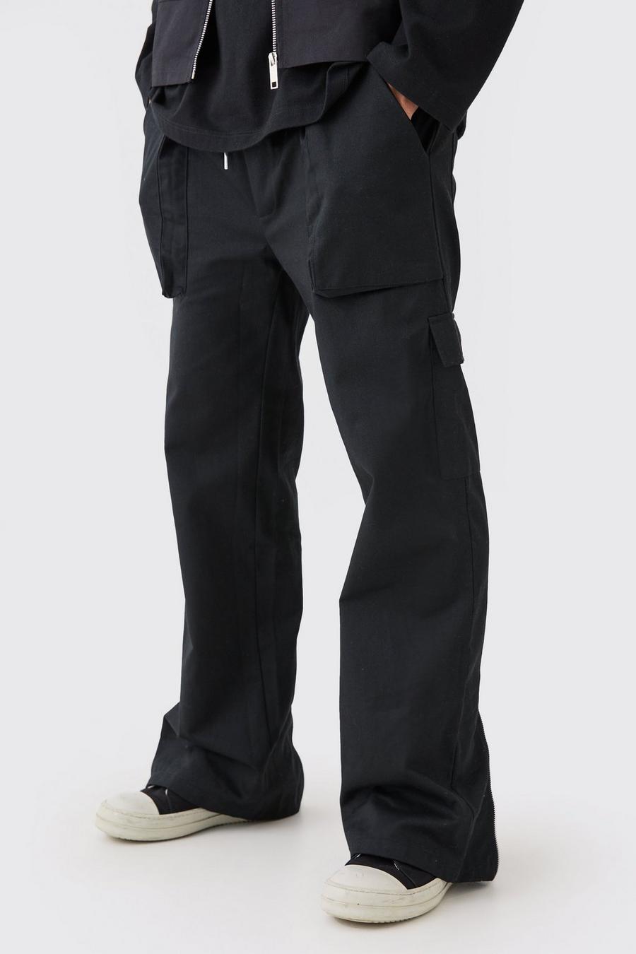 Black Elasticated Waist Zip Hem Flared Cargo Trousers image number 1