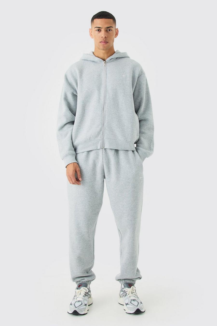 Grey marl Man Signature Oversized Boxy Zip Through Hooded Tracksuit