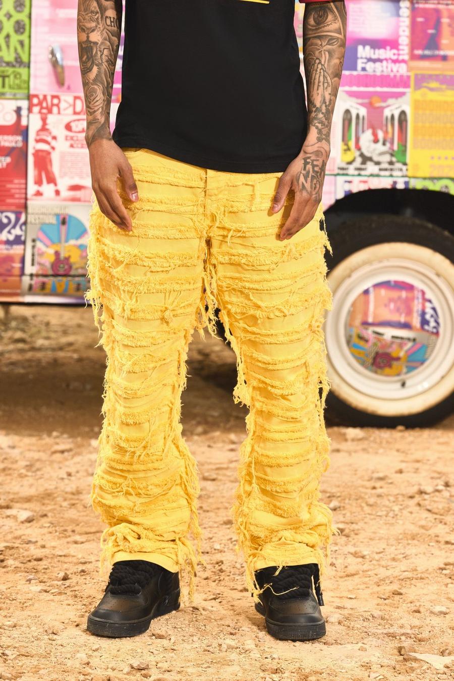 Jeans rilassati in denim rigido sovratinti a effetto consumato in giallo, Yellow