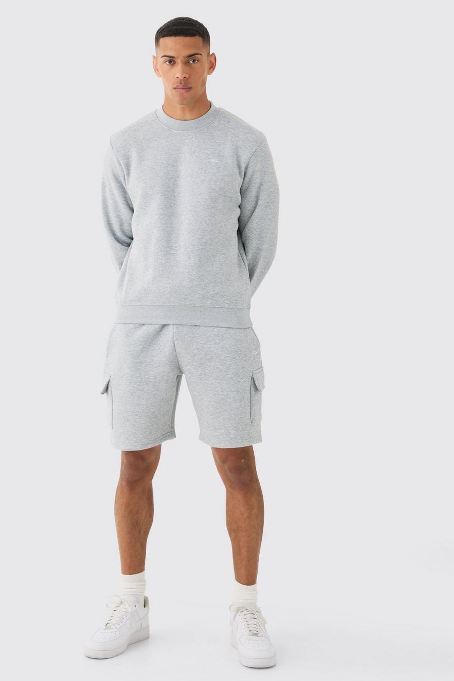 Grey marl Man Signature Extended Neck Cargo Sweat Short Tracksuit image number 1