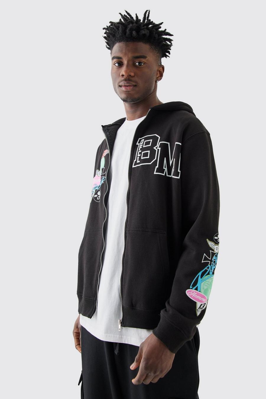 Black Zip Through Bm Moto Graphic Hoodie