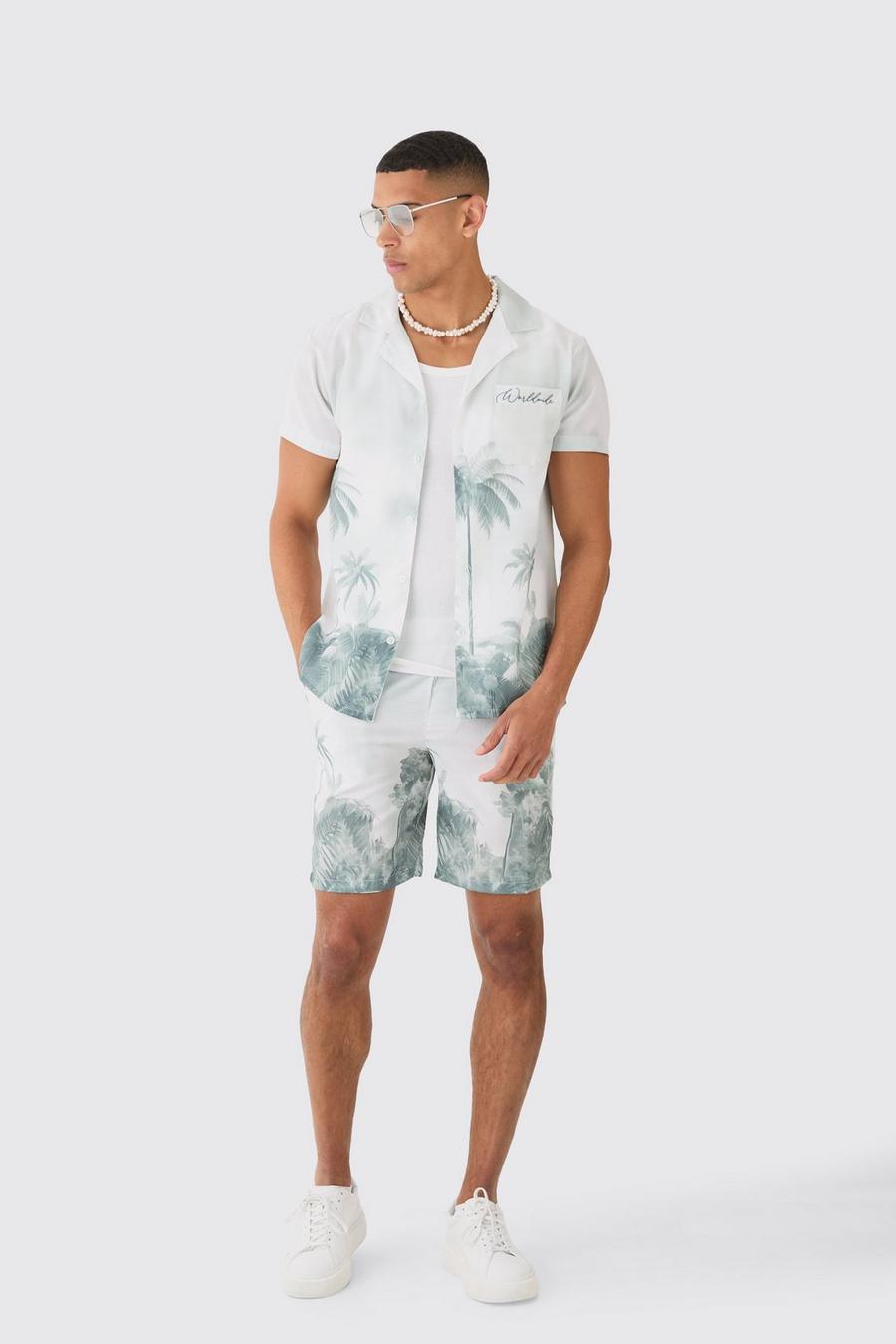 Grey Regular Linen Look Watercolour Landscape Shirt & Short