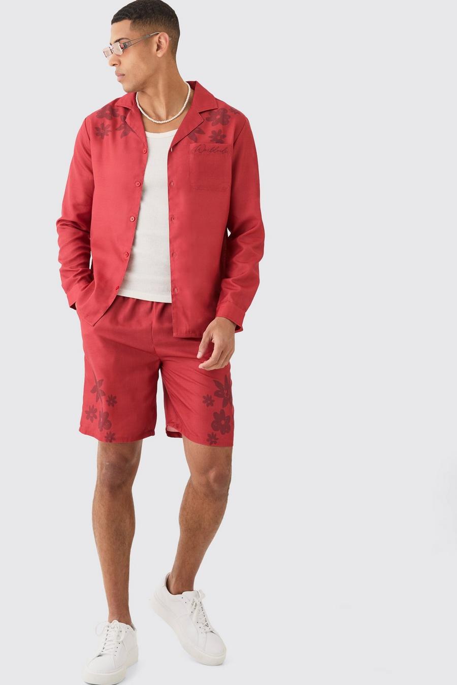 Camicia effetto lino a fiori tono su tono con spalle scoperte & pantaloncini, Red image number 1