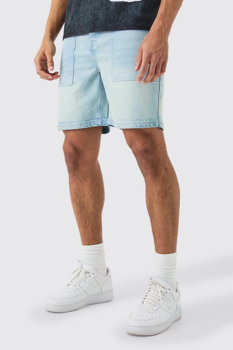 Pantalón corto vaquero holgado sin tratar con costuras en contraste, Light blue