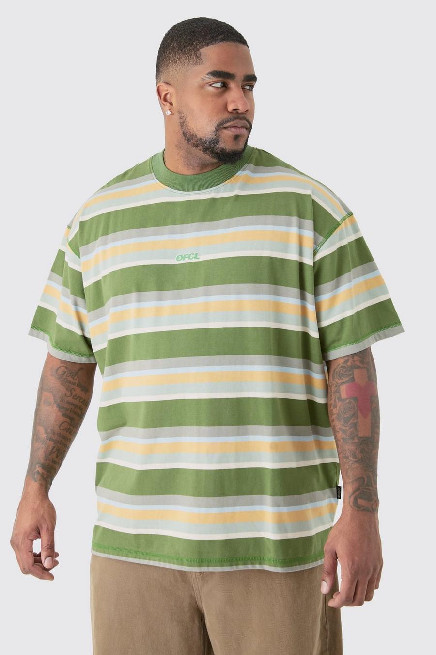 T-shirt Plus Size oversize Ofcl a righe pesanti con cardini, Olive