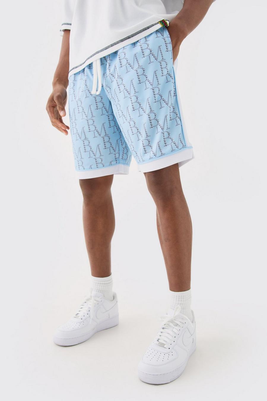 Pantaloncini da basket comodi in rete con stampa BM, Light blue